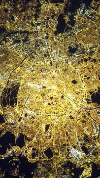 City night lights animation satellite view Paris France. Vertical video for social media based on image by Nasa
