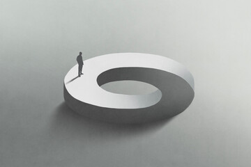 Illustration of man walking on surreal futuristic circle, abstract endless path concept