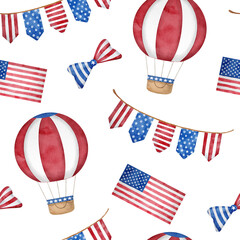4th of July watercolor seamless pattern. Hand drawn American patriotic symbols in traditional blue and red color. USA hot air balloons, ribbon bow, stars and stripes flag isolated on white background.