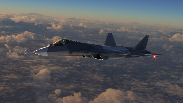 Fifth generation jet aircraft flies above the clouds