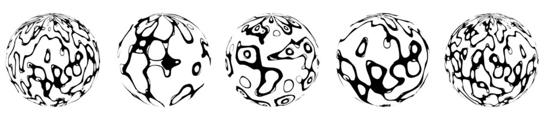 Halftone abstract set of spheres. Design of chaotic lines, waves, stripes. The globe. Energy flows. Texture of plexus circles, rings. Icons, symbols for technology, art, science, business. Vector