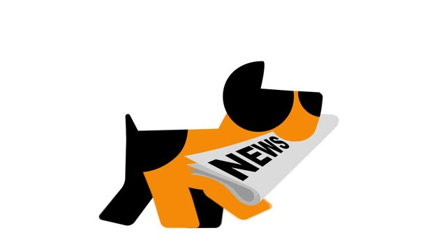 News, Funny dog brings newspaper, 2d, animation, cartoon, illustration, clip art, vector. Web banner. Time lapse.
