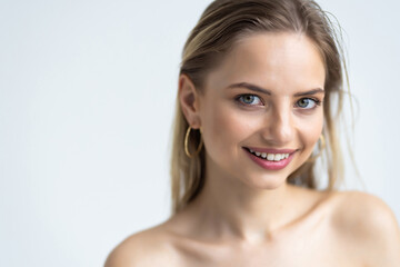 Obraz na płótnie Canvas Portrait of smiling young beautiful woman, isolated over white background