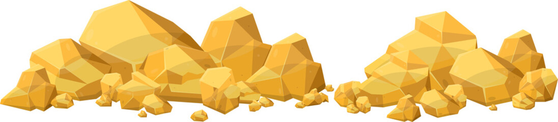 Gold stones and boulders in cartoon style. Gold nuggets. Gemstones. Gold mine elements