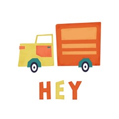 kids poster print postcard cartoon truck with watercolor elements