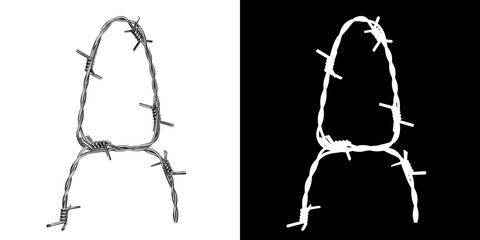 Letter A made of twisted metal barbed wire, isolated on white with clipping mask, 3d rendering