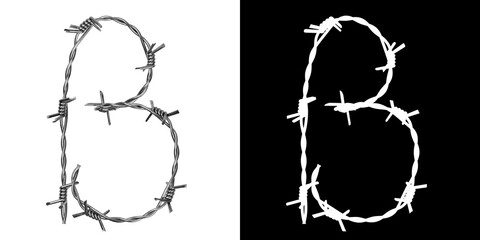Letter B made of twisted metal barbed wire, isolated on white with clipping mask, 3d rendering