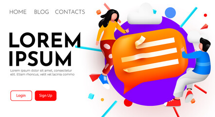 Small people flying around chat bubble. Talking couple. Online messenger or contacts sign concept.