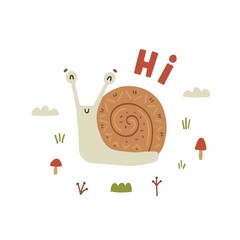 hand drawn funny cute character snail says hi isolated on white background scandinavian style