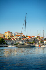 Fototapeta na wymiar Morning harbour with boats and yacht in Trogir, Croatia