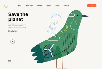 Ecology - Earth day -Modern flat vector concept illustration of a bird filled with ecological symbols of sustainable energy and plants. Creative landing web page template