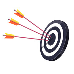 Three arrows stuck in a black and white target. Isolated on white background. The concept of hitting right on target