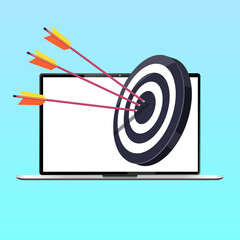 Background in the form of a laptop in which there is a target with arrows. The concept of success, hitting the target.