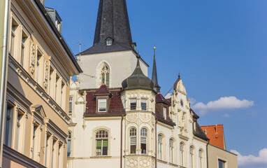 Obraz premium Church tower and historic houses in Weimar, Germany
