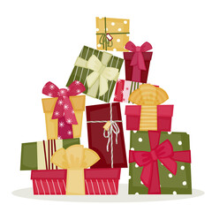 Packed gifts. A big pile of gift boxes. Packed gifts with bows.