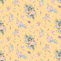 Fototapeta na wymiar Delicate watercolor patterns with hydrangea, roses and other garden plants, delicate blue, peach and pink inflorescences