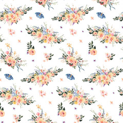 Delicate watercolor patterns with hydrangea, roses and other garden plants, delicate blue, peach and pink inflorescences