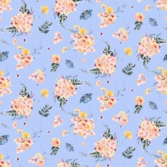 Fototapeta premium Delicate watercolor patterns with hydrangea, roses and other garden plants, delicate blue, peach and pink inflorescences