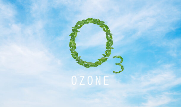 Ozone design with green leaves on blue sky background.