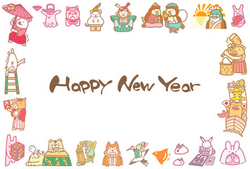 兎と十二支のフレーム　年賀状素材　Happy New Year