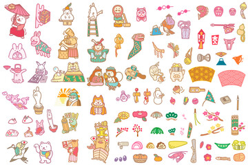 正月の干支のキャラクターイラスト　兎や十二支　年賀状素材