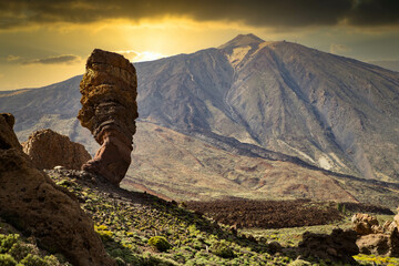 roques de Garcia stone and Teide mountain volcano in the Teide National Park  Tenerife  Canary...