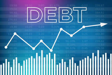Financial term Debt on blue background. Financial market concept