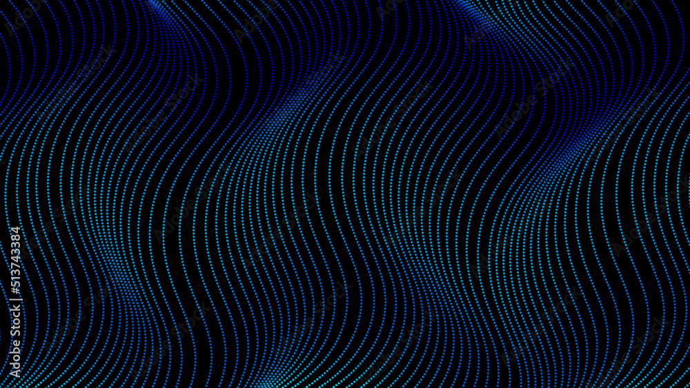 Fototapete Creative blue background design with dynamic lines. Abstract vector dotted waves pattern in green and blue colors isolated on black background. Modern elements for concept of technology, music, space.