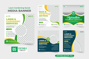 Lawn gardening social media banner template collection. Agriculture farming business service flyer set design. Gardening and lawn mower service advertisement post bundle for social media.