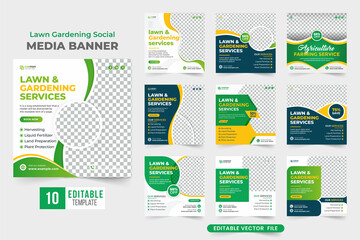 Lawn and gardening service social media banner bundle for advertisement. Agriculture and farming business promotion banner collection with green, blue, and yellow colors. Gardening flyer template set. - obrazy, fototapety, plakaty