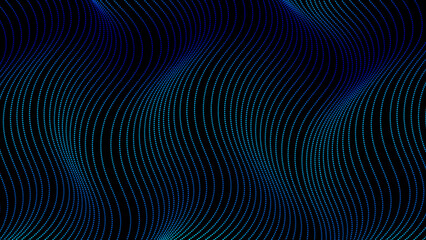Creative blue background design with dynamic lines. Abstract vector dotted waves pattern in green and blue colors isolated on black background. Modern elements for concept of technology, music, space.