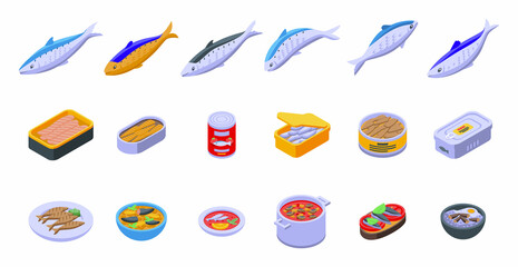 Sardine icons set isometric vector. Can fish. Oil snack