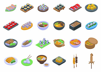 Japanese food icons set isometric vector. Japan tempura. Asian plate