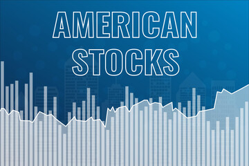 Words American stock on blue finance background