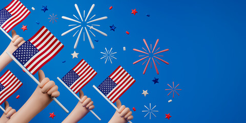 Fototapeta premium 3d rendering USA independence day illustration. Group of people holding American flag with firework on sky.