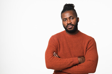 Offended sad disappointed african-american young man feeling negative emotions depression with arms crossed isolated in white background - obrazy, fototapety, plakaty