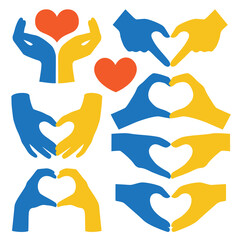 Support Ukraine. Hands heart shape Ukrainian colors, blue yellow flat hands, stop war in Ukraine. Vector illustration