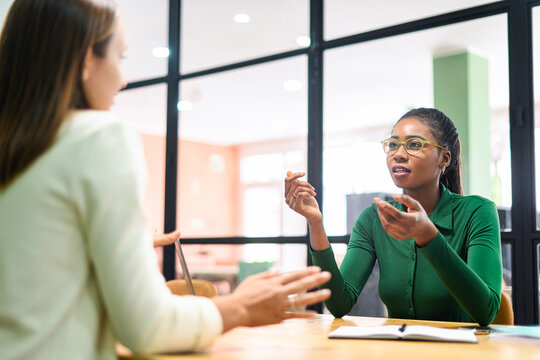 Young Enthusiastic African-American Female Executive In Glasses Explains New Strategy To Employee And Gesturing. Indoor Portrait Of Diverse Work Team Brainstorming In Modern Meeting Room