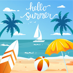 Vector illustration hello summer. The beach, a white yacht in the sea, a ball on the sand, a beach umbrella and a surfboard. Palm trees against the blue sky and clouds. Banner, flyer desi