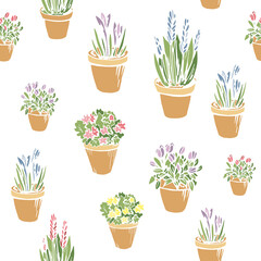 Colorful cute seamless pattern with pastel colored flowerpots, flowers, pots, potted plants. Endless texture with hand drawn silhouette on white background for wallpaper decor.
