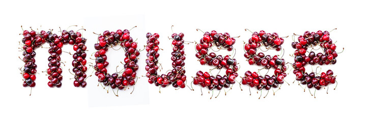 Mousse - a sweet inscription from the berries of ripe cherries in English. Isolate on a white background, ready-made inscription for design and layout. Great gift and tasty treat