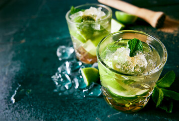 Alcoholic mojito cocktails with mint