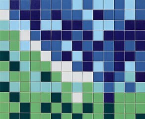 Exterior wall made of small squared tiles. Colors are blue, light blue,white,light green and green. Mosaic effect, background and texture.