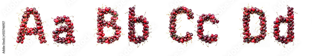 Fototapete cherry alphabet. real berries in the form of letters, numbers and signs. set for the designer to typ