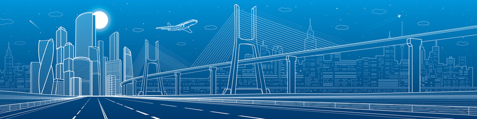 Infrastructure city panorama. Large cable-stayed bridge. Airplane fly. Empty highway. Night modern city on background, towers and skyscrapers, urban scene, vector design art  - 513746916