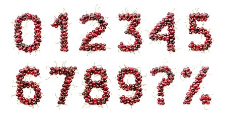 Cherry alphabet. Real berries in the form of letters, numbers and signs. Set for the designer to type any text