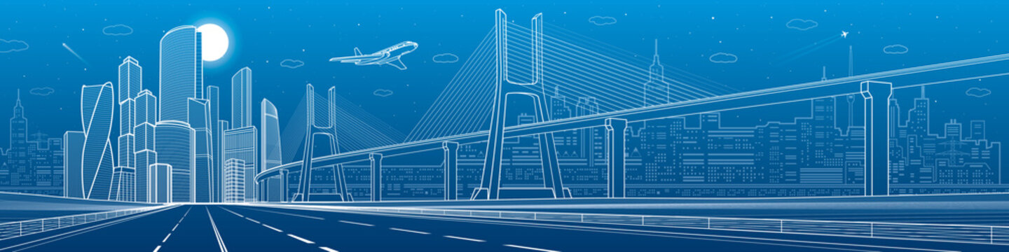 Infrastructure city panorama. Large cable-stayed bridge. Airplane fly. Empty highway. Night modern city on background, towers and skyscrapers, urban scene, vector design art 