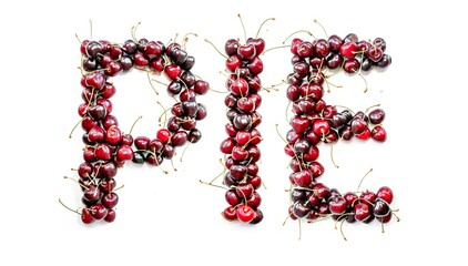 Pie - a sweet inscription from the berries of ripe cherries in English. Isolate on a white background, ready-made inscription for design and layout. Great gift and tasty treat