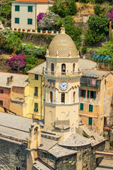Vernazza village. Church and bell tower of Santa Margherita di Antiochia (XI-XVII century), Cinque Terre National park, UNESCO world heritage site, La Spezia province, Liguria, Italy, Europe.