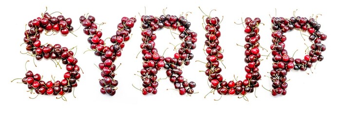 Syrup - a sweet inscription from the berries of ripe cherries in English. Isolate on a white background, ready-made inscription for design and layout. Great gift and tasty treat